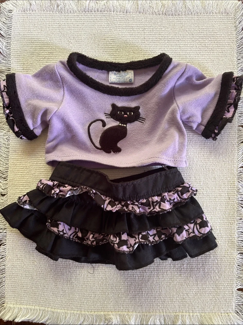 Build-A-Bear Workshop outfit lavender top w/ black cat & black ruffled skirt